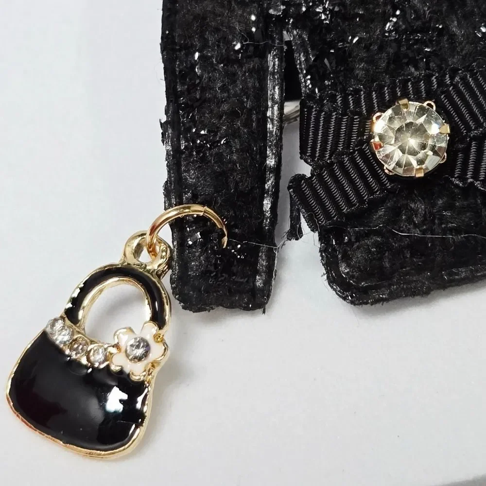Black Blazer Brooch Pearl Rhinestone Bow Handbag Dangle Mini Couture Lapel Pin